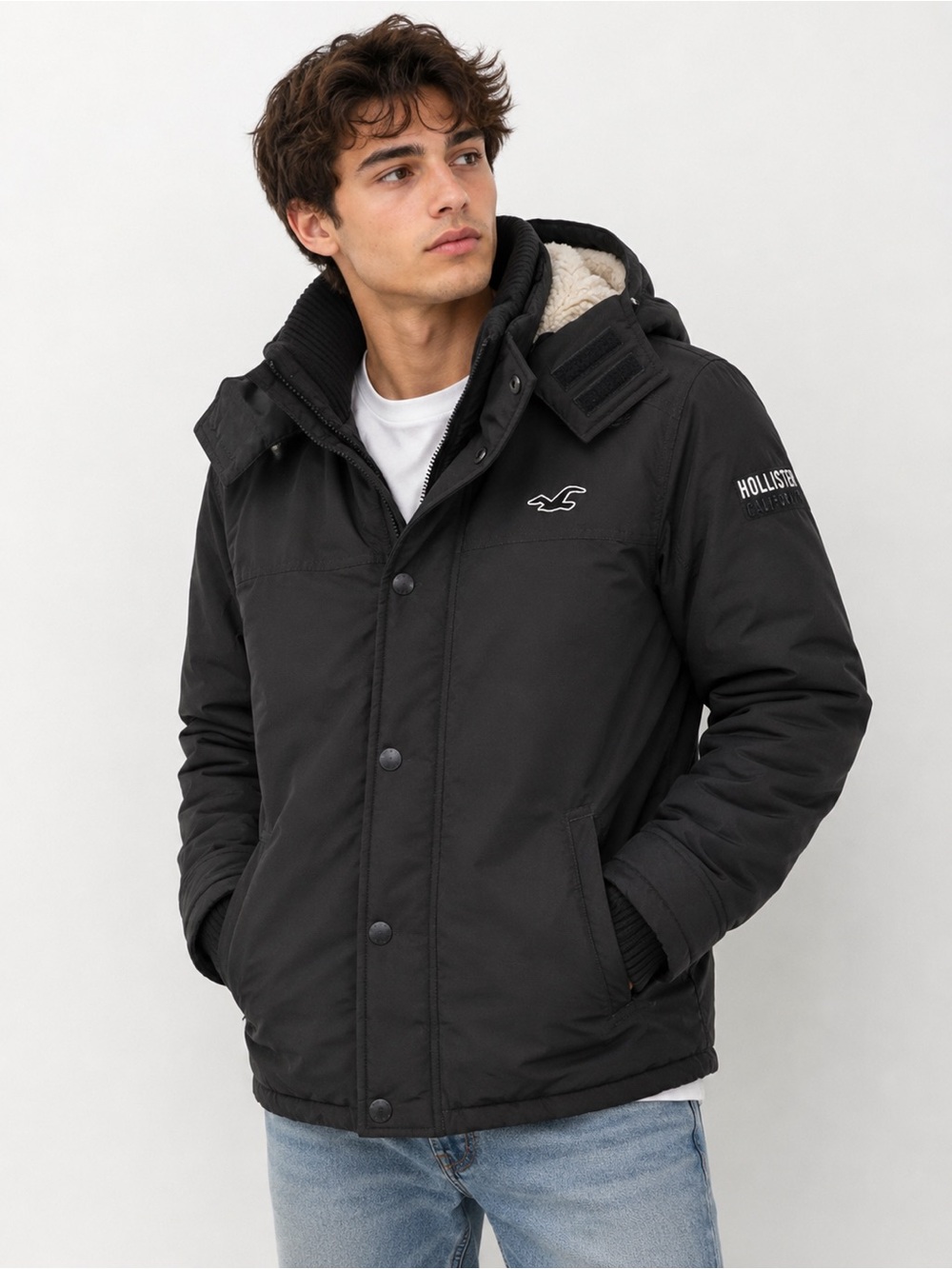 Hollister California Jacket Size S Black All-Weather Sherpa Lined Hooded Jacket